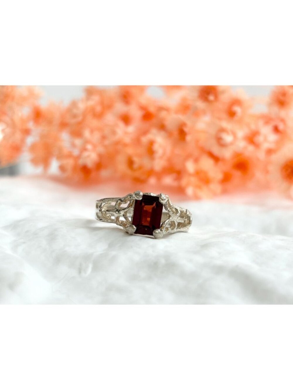 Garnet Emerald Cut Gemstone Sterling Silver 925 Elegant Vintage Ring - Picture 2 of 13